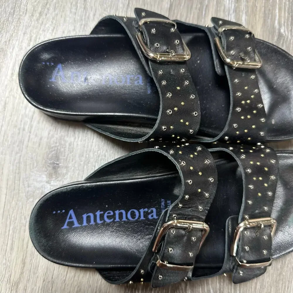 Antenora Black Double Buckle Strap Slide Sandals